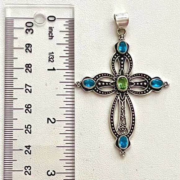 Blue Topaz & Peridot Sterling Silver 2.5” Cross Pendant - Picture 4 of 7